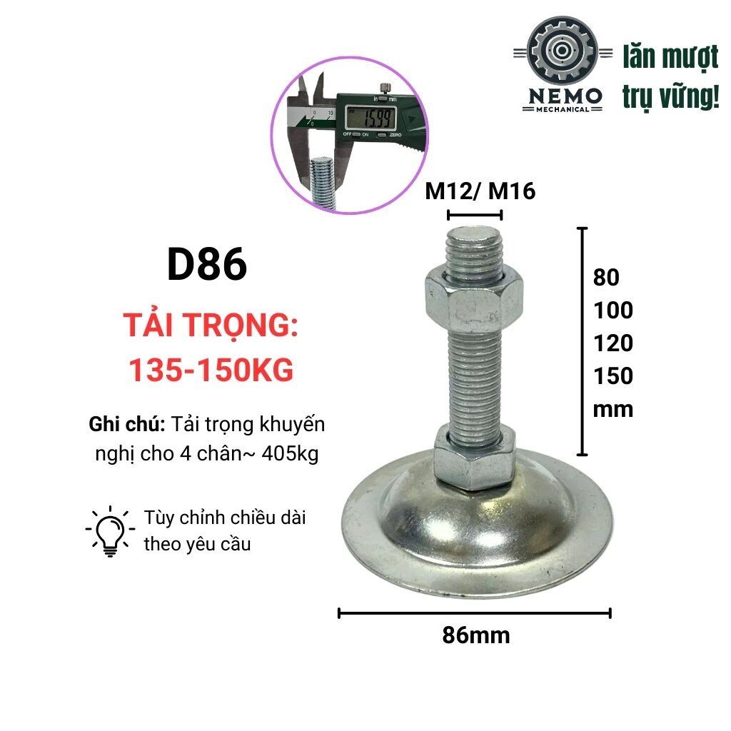 Chân tăng chỉnh đế thép, M10-M16, bulong 60mm-150mm tải 90kg-150kg cho giá kệ, bàn thao tác